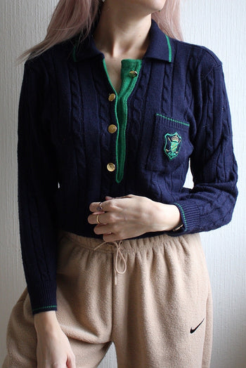 Pull en maille bleu marine et vert S