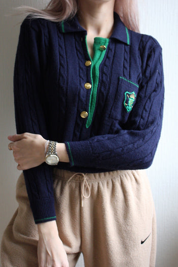 Pull en maille bleu marine et vert S