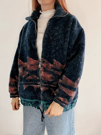 Vintage dunkelblau gemusterte Fleecejacke M