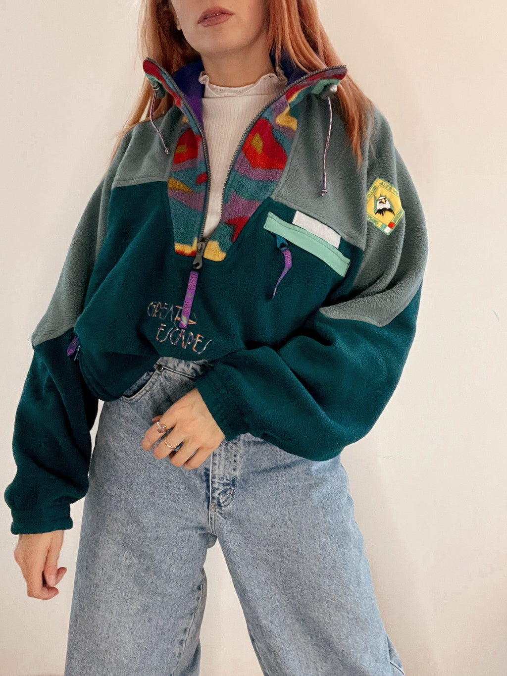 Pull polaire vintage vert et multicolore L