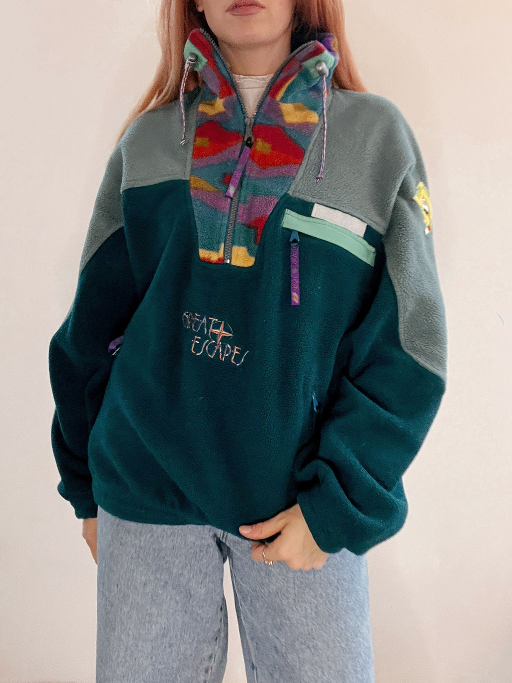 Pull polaire vintage vert et multicolore L