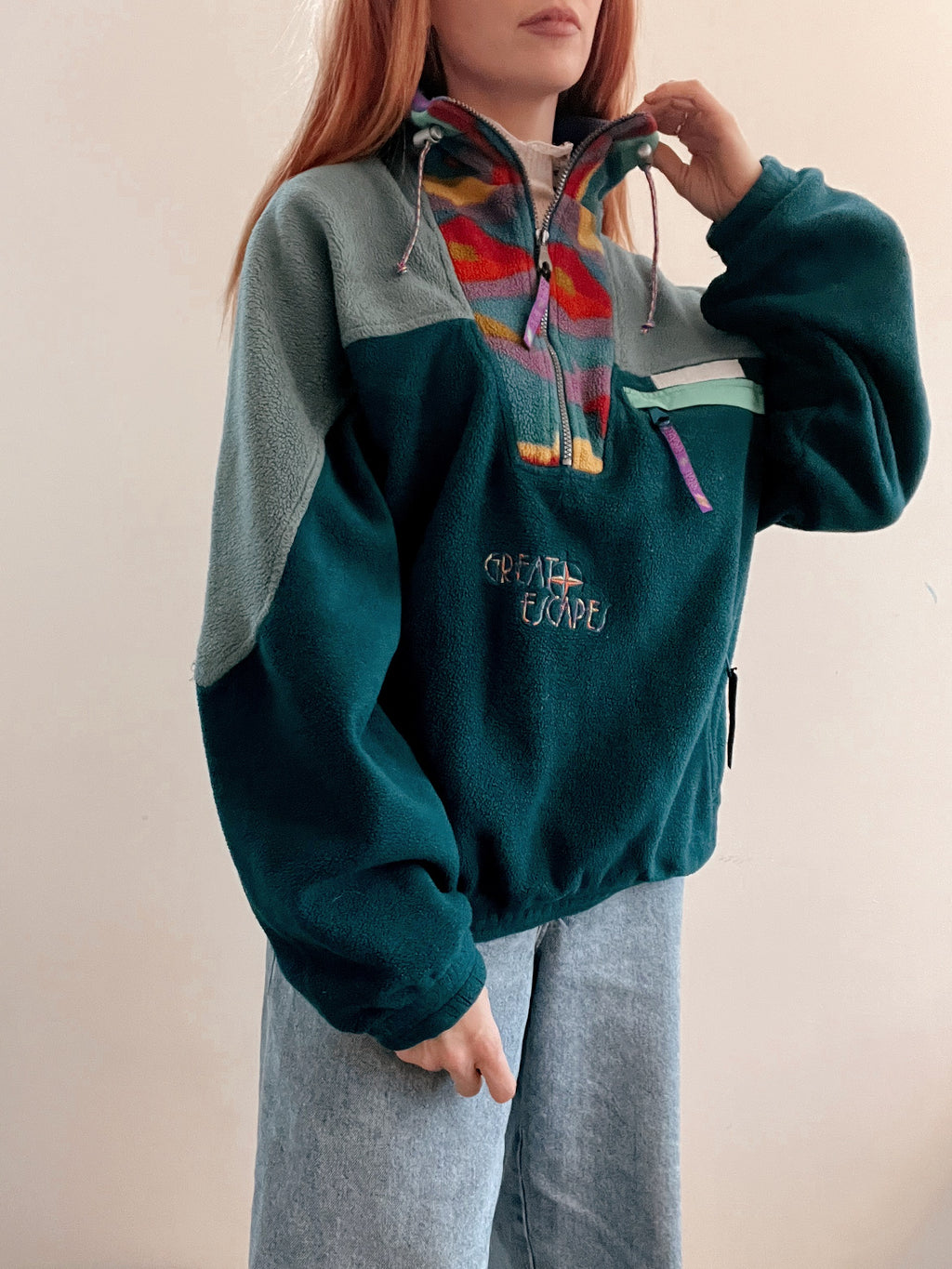 Pull polaire vintage vert et multicolore L