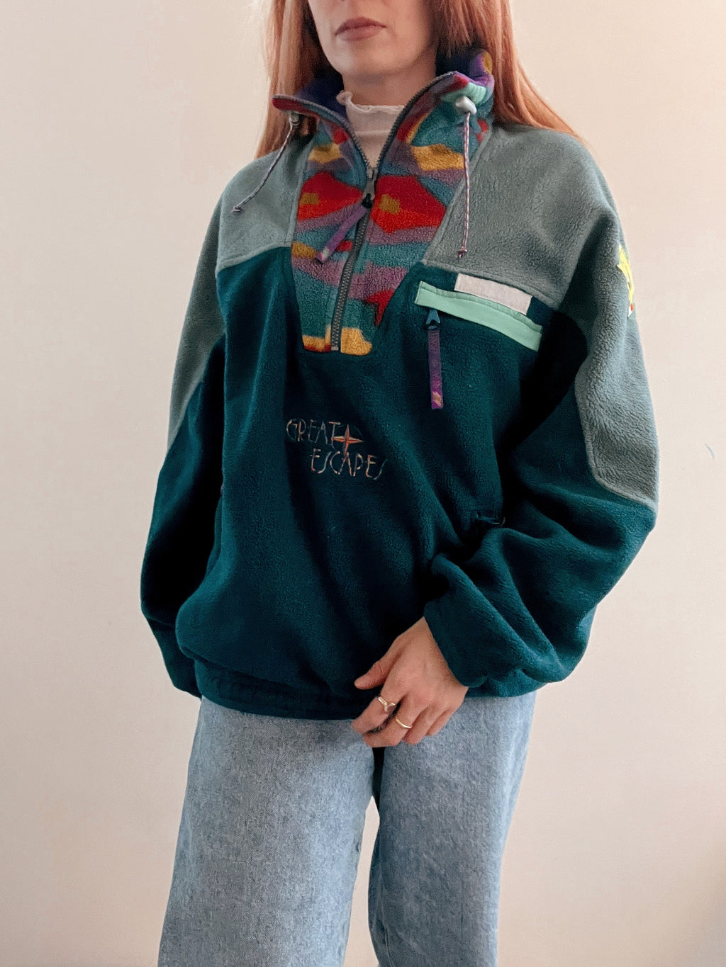 Pull polaire vintage vert et multicolore L