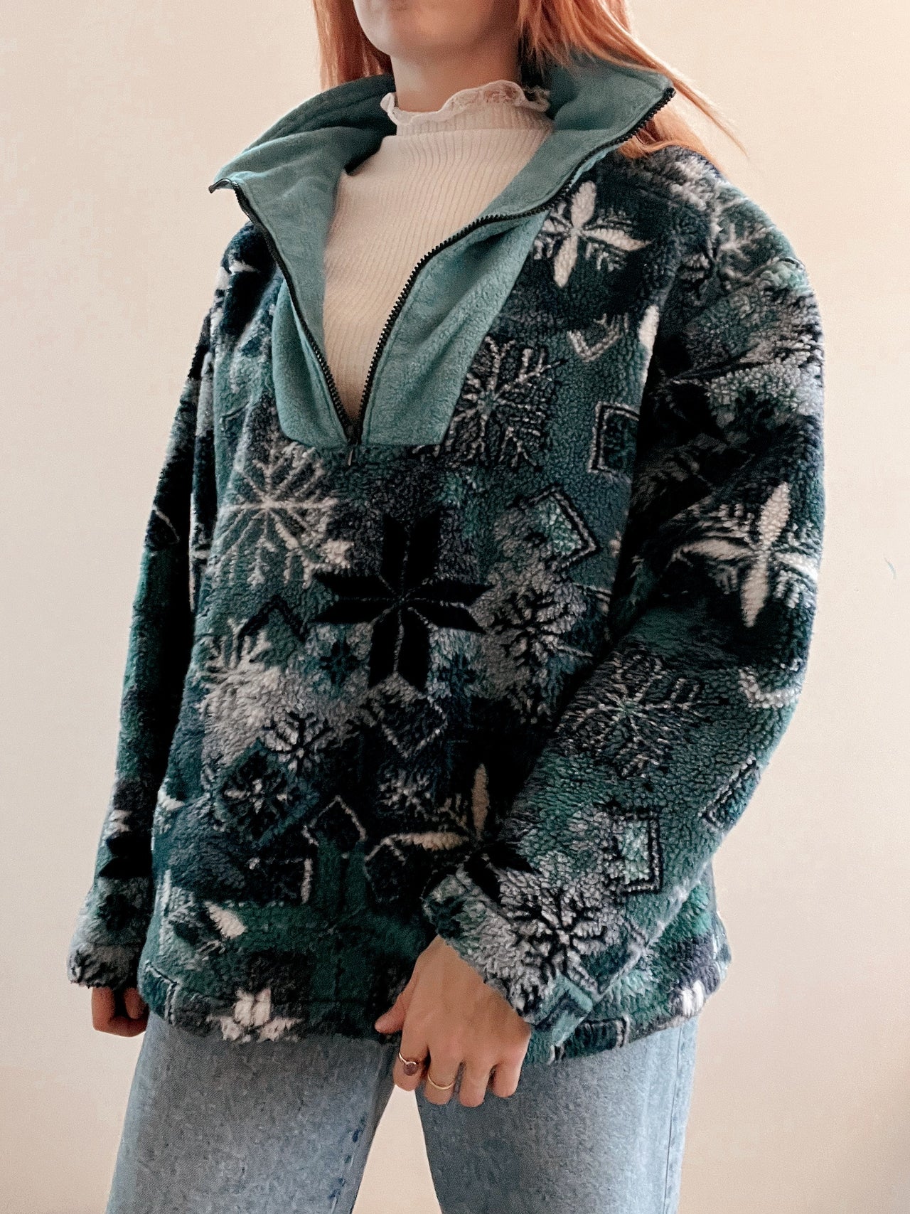 Vintage grün gemusterter Fleecepullover XL