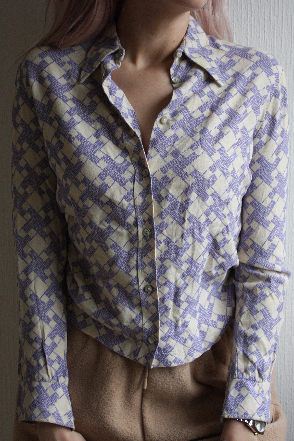 Chemise vintage 70's violette et crème XS