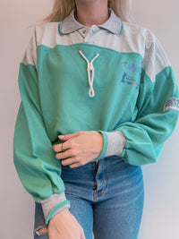 Pull vintage vert d'eau et gris brodé Lotto M