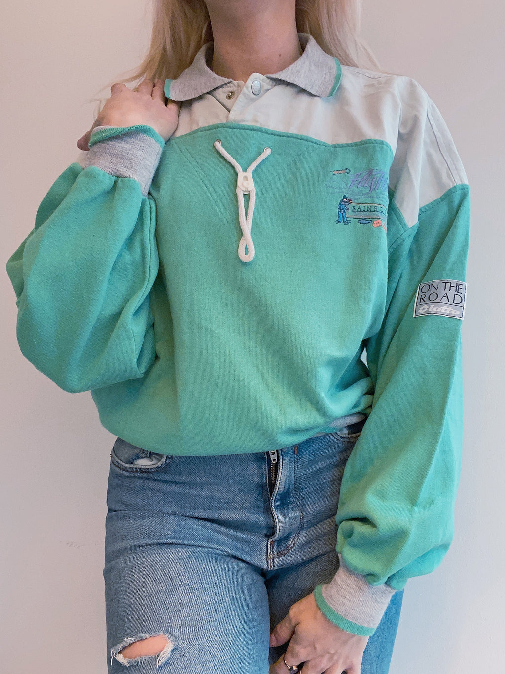 Pull vintage vert d'eau et gris brodé Lotto M