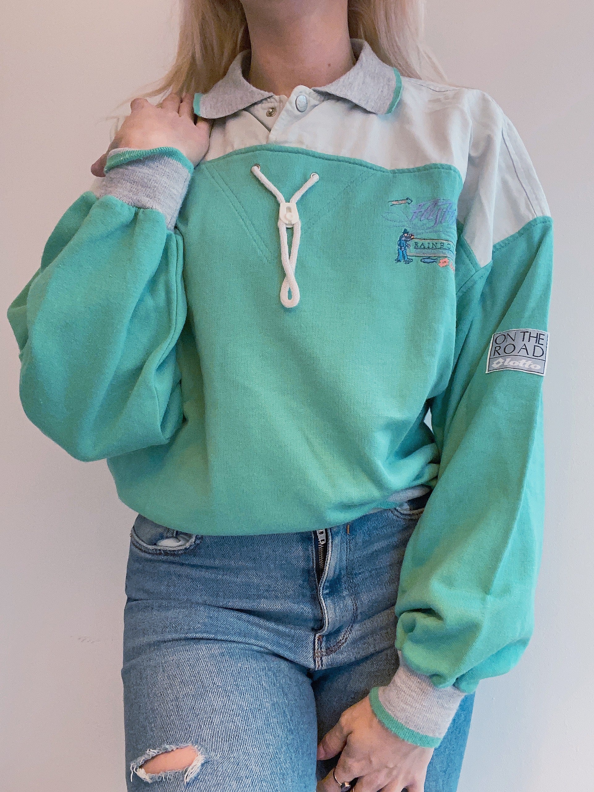 Pull vintage vert d'eau et gris brodé Lotto M