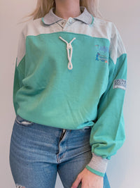 Pull vintage vert d'eau et gris brodé Lotto M