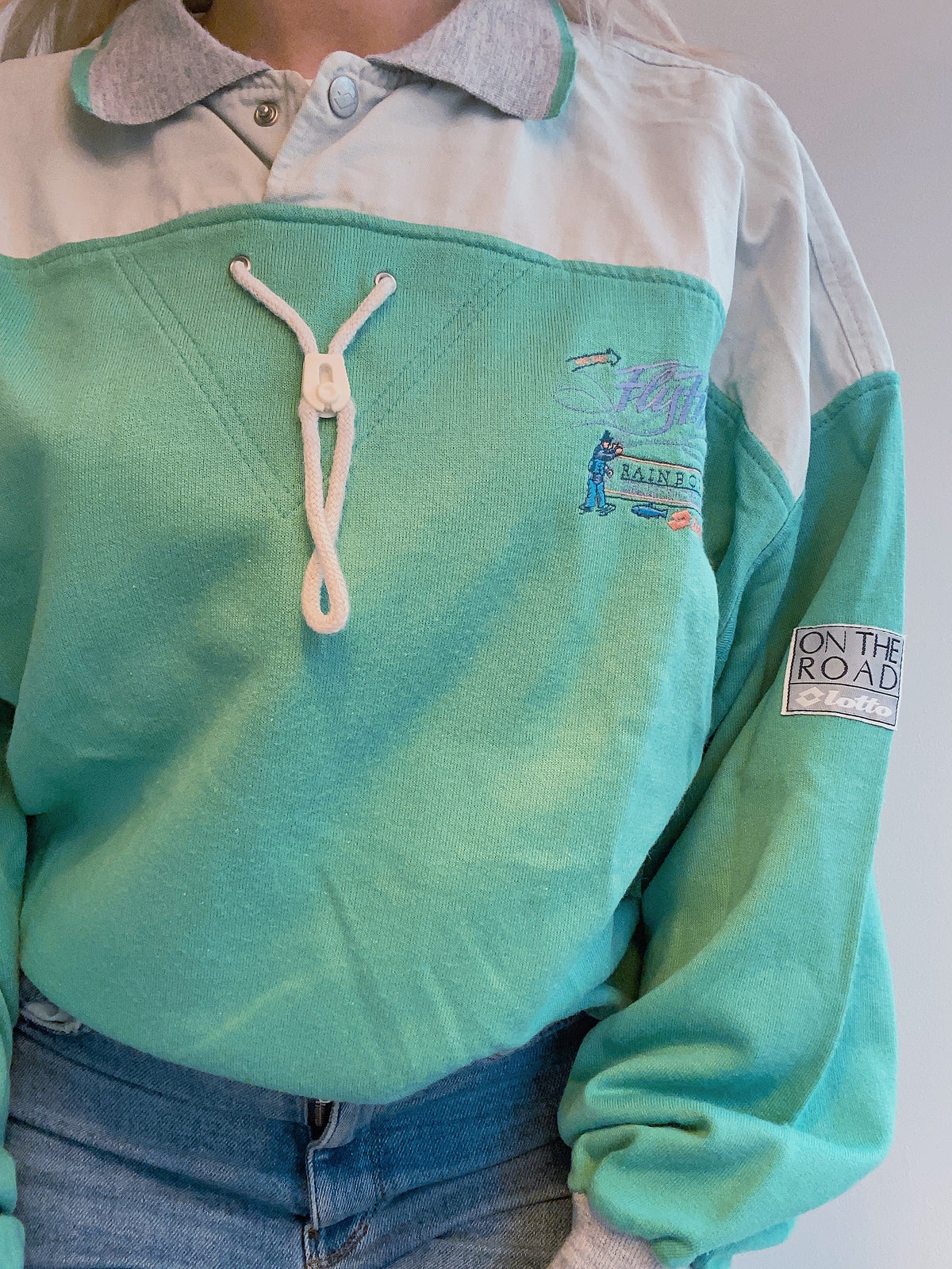 Pull vintage vert d'eau et gris brodé Lotto M