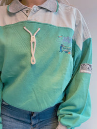 Pull vintage vert d'eau et gris brodé Lotto M