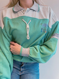 Pull vintage vert d'eau et gris brodé Lotto M