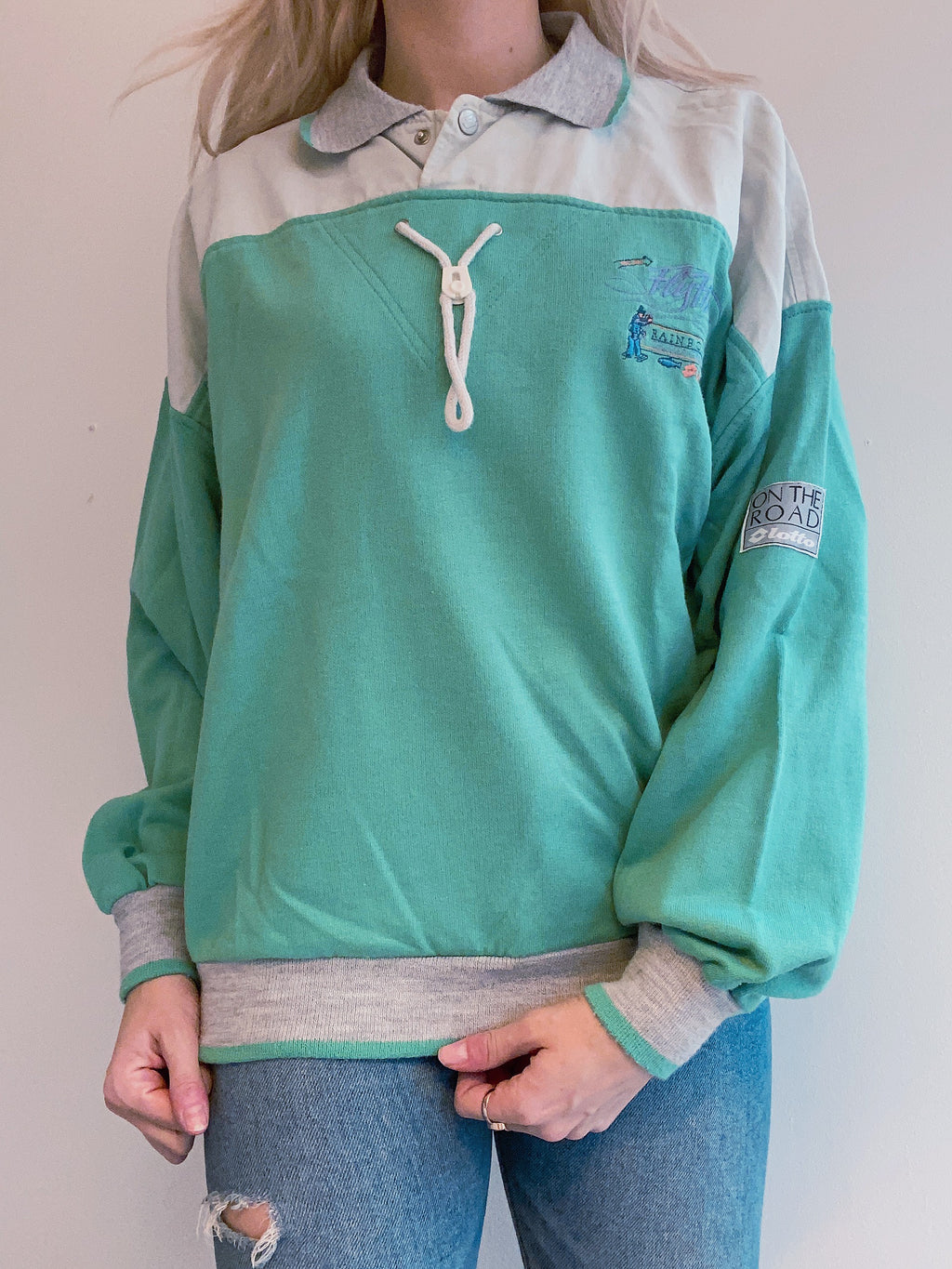 Pull vintage vert d'eau et gris brodé Lotto M