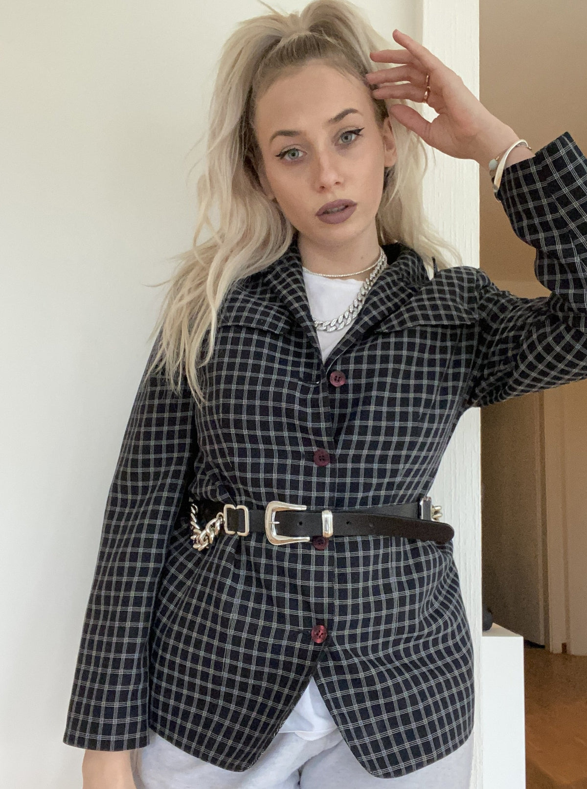 Veste blazer bleu foncé à carreaux M