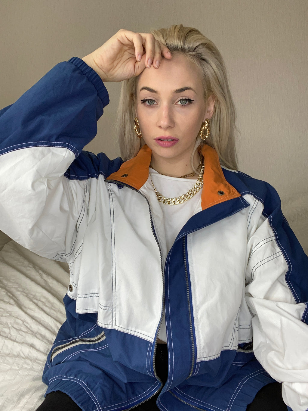 White and blue jacket with orange collar Adidas XL