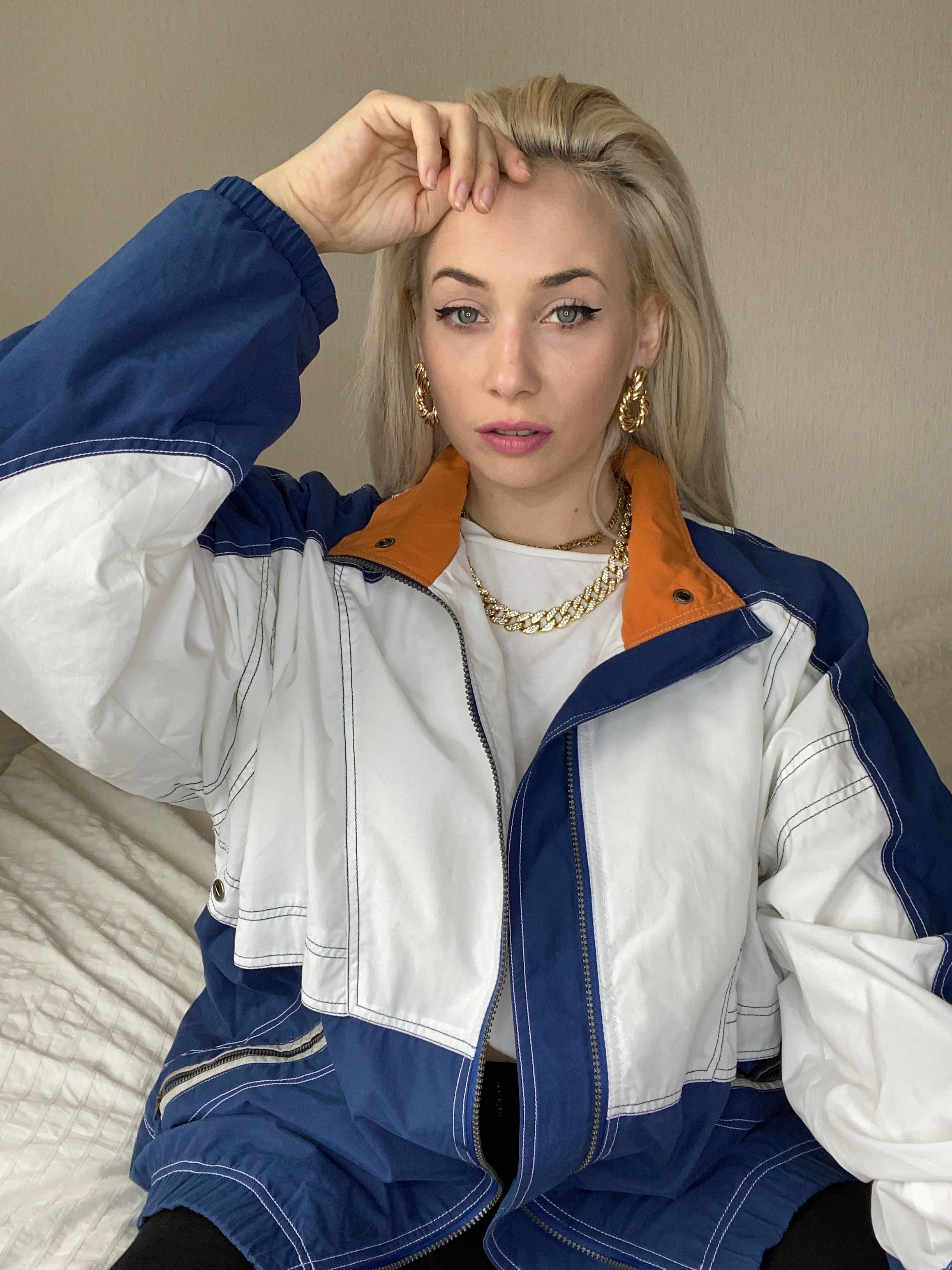 White and blue jacket with orange collar Adidas XL