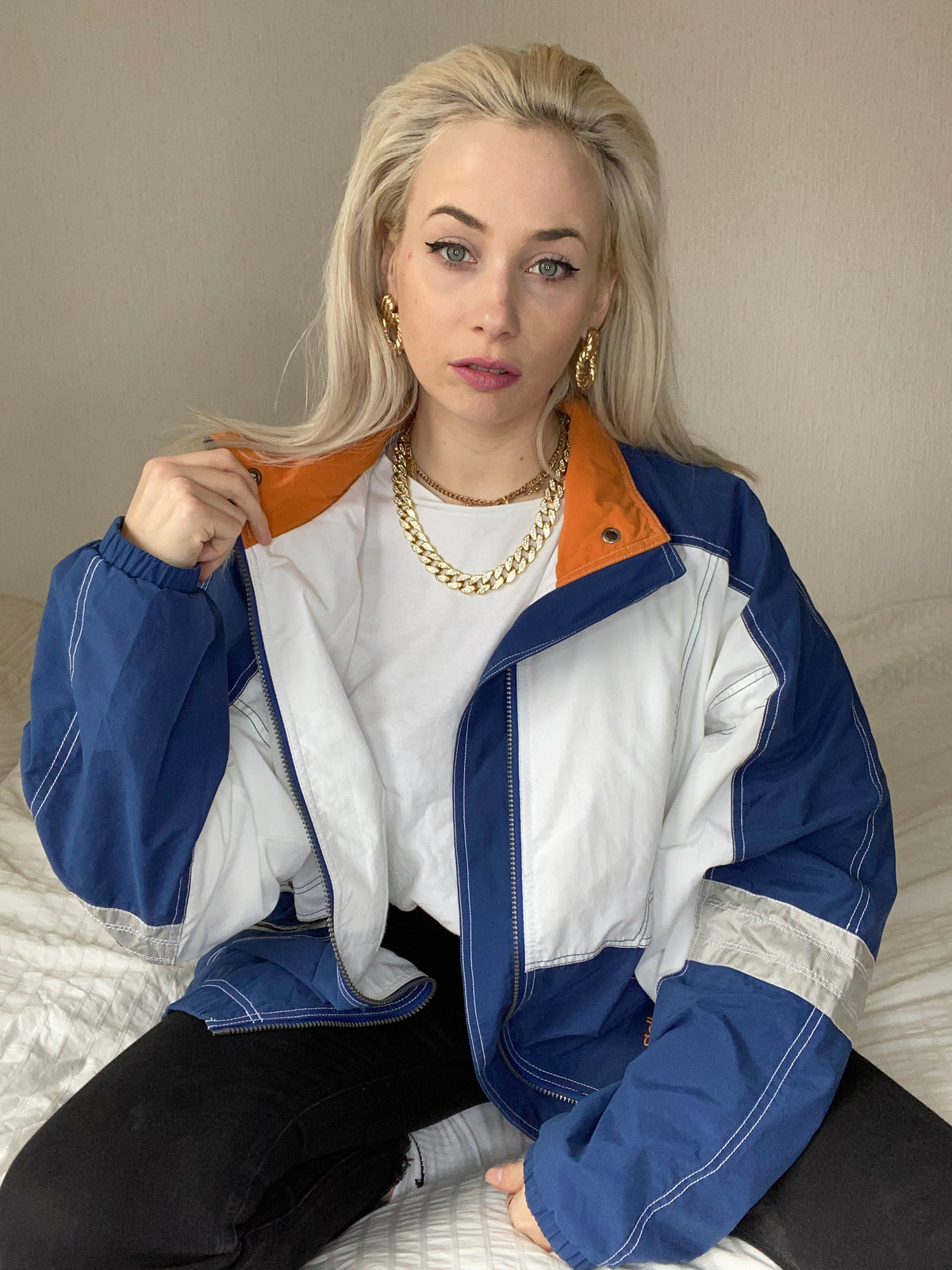 White and blue jacket with orange collar Adidas XL