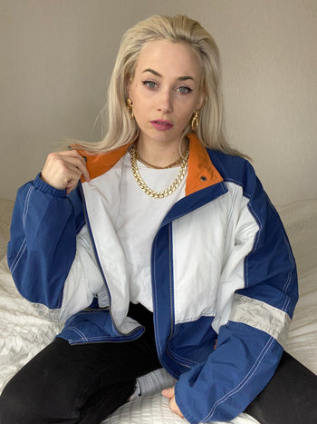 White and blue jacket with orange collar Adidas XL