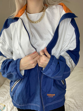 White and blue jacket with orange collar Adidas XL