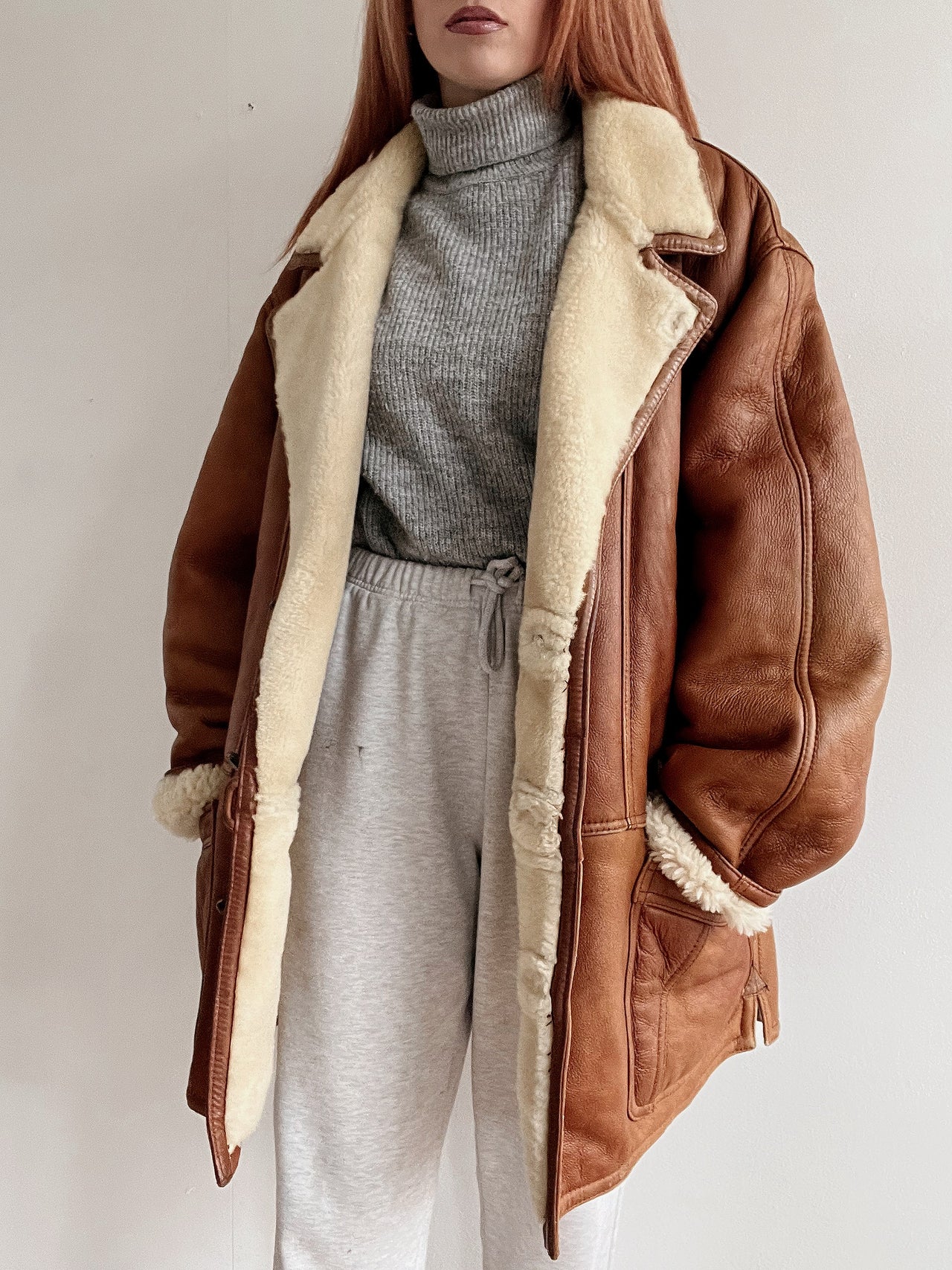 Manteau en mouton retourné brun Oversized L/XL