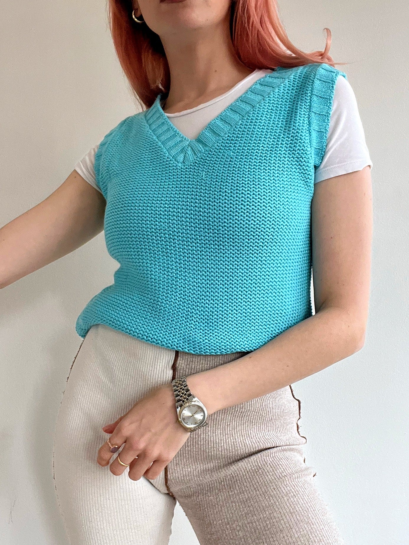 Gilet vintage sans manche en maille turquoise