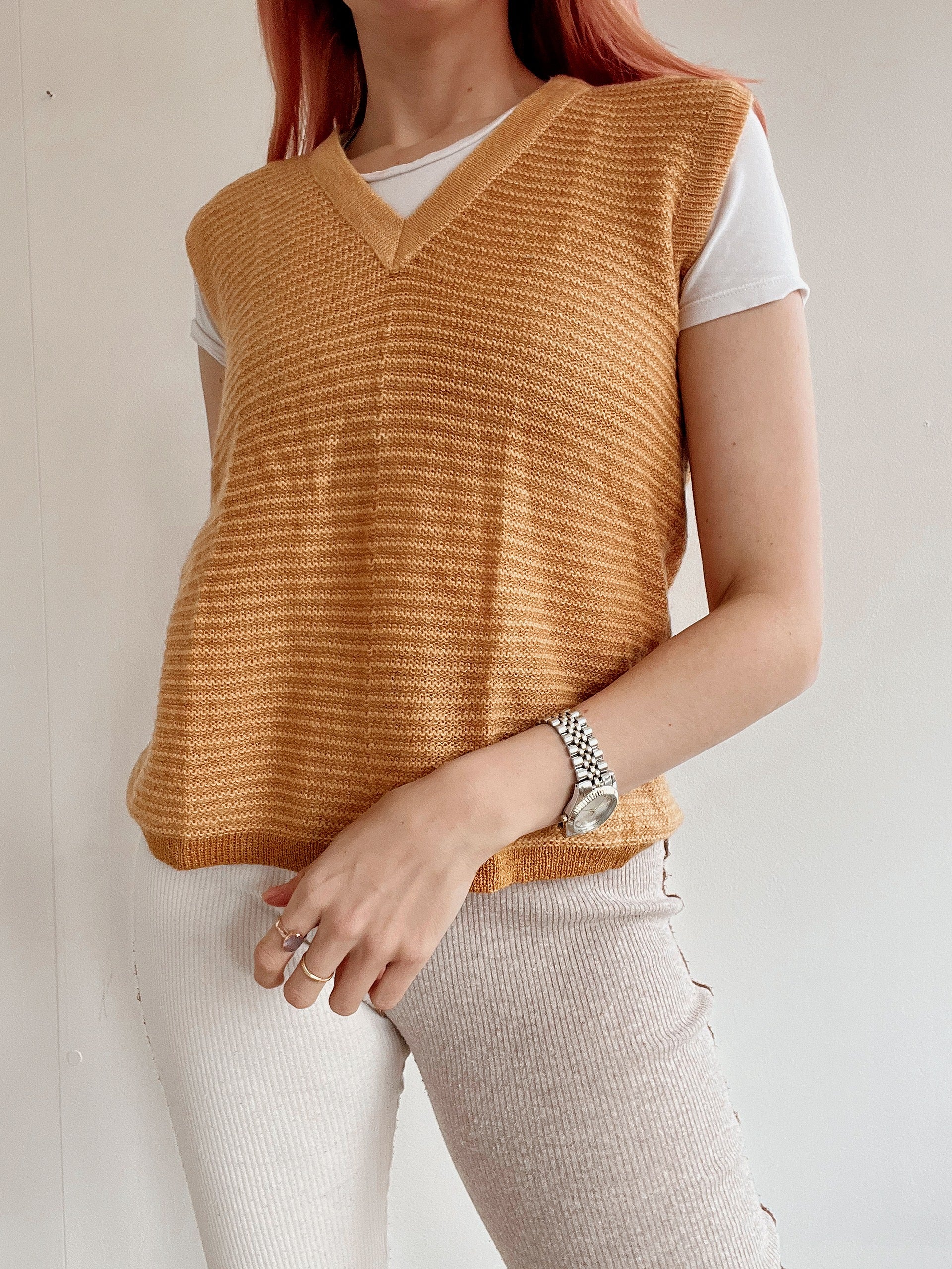 Gilet vintage sans manche en maille beige/moutarde