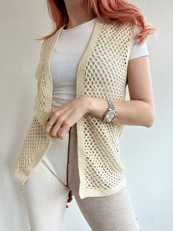 Gilet vintage sans manche en maille blanc cassé