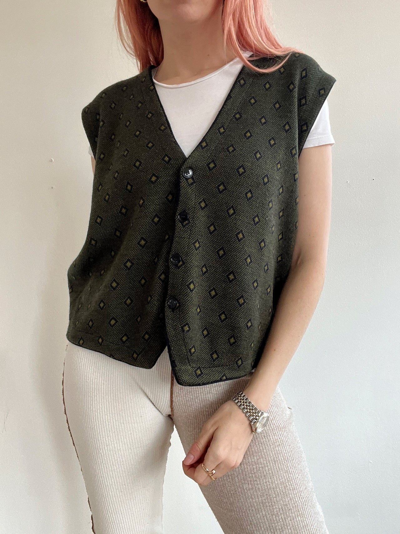 Gilet vintage sans manche en laine vert foncé L