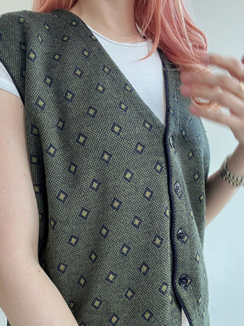 Gilet vintage sans manche en laine vert foncé L