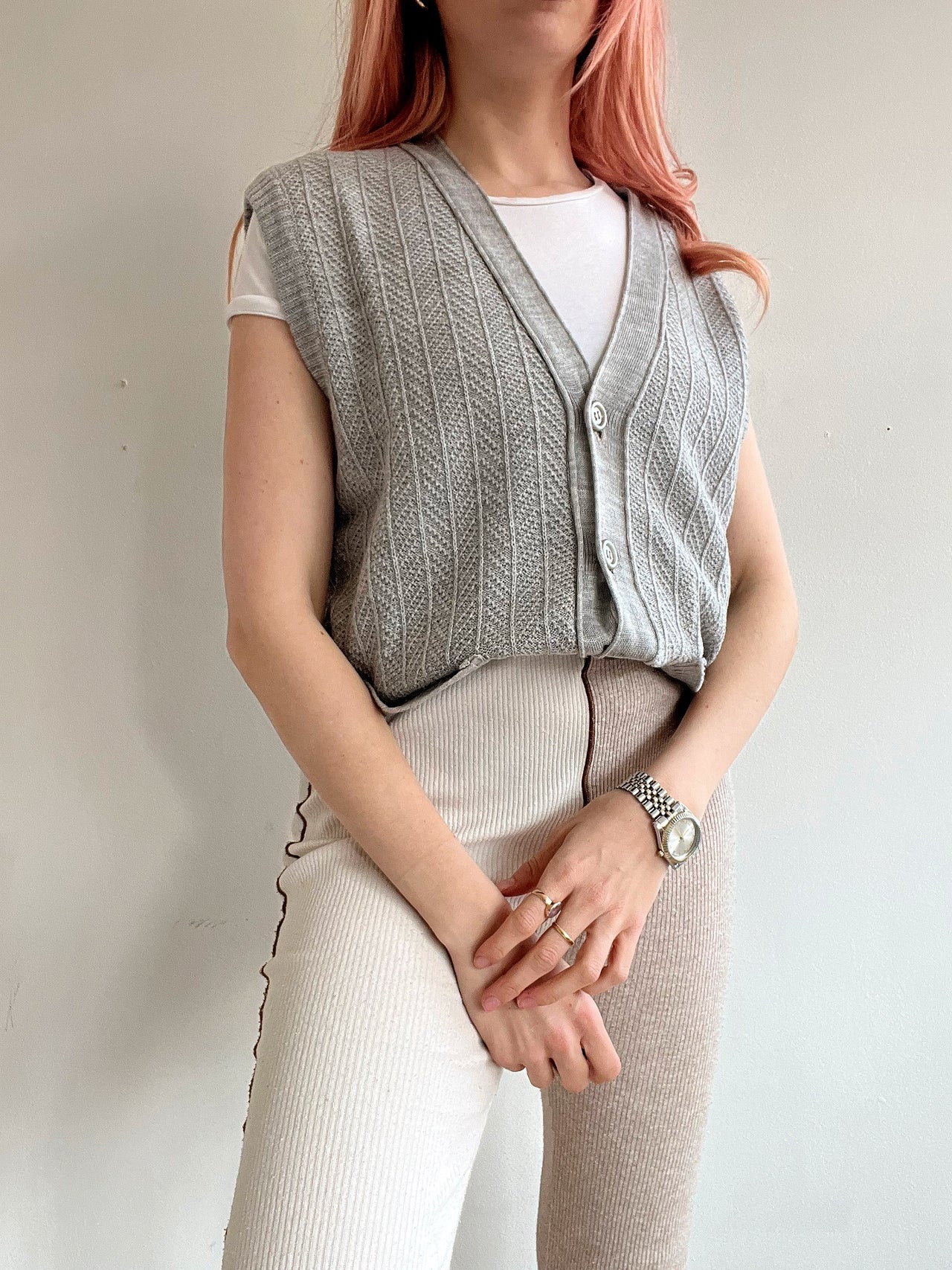 Gilet vintage sans manche en maille gris clair