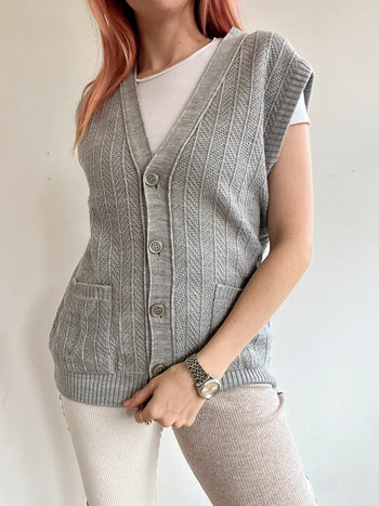 Gilet vintage sans manche en maille gris clair