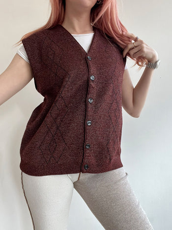 Black V-neck wool cardigan with pink/yellow pattern