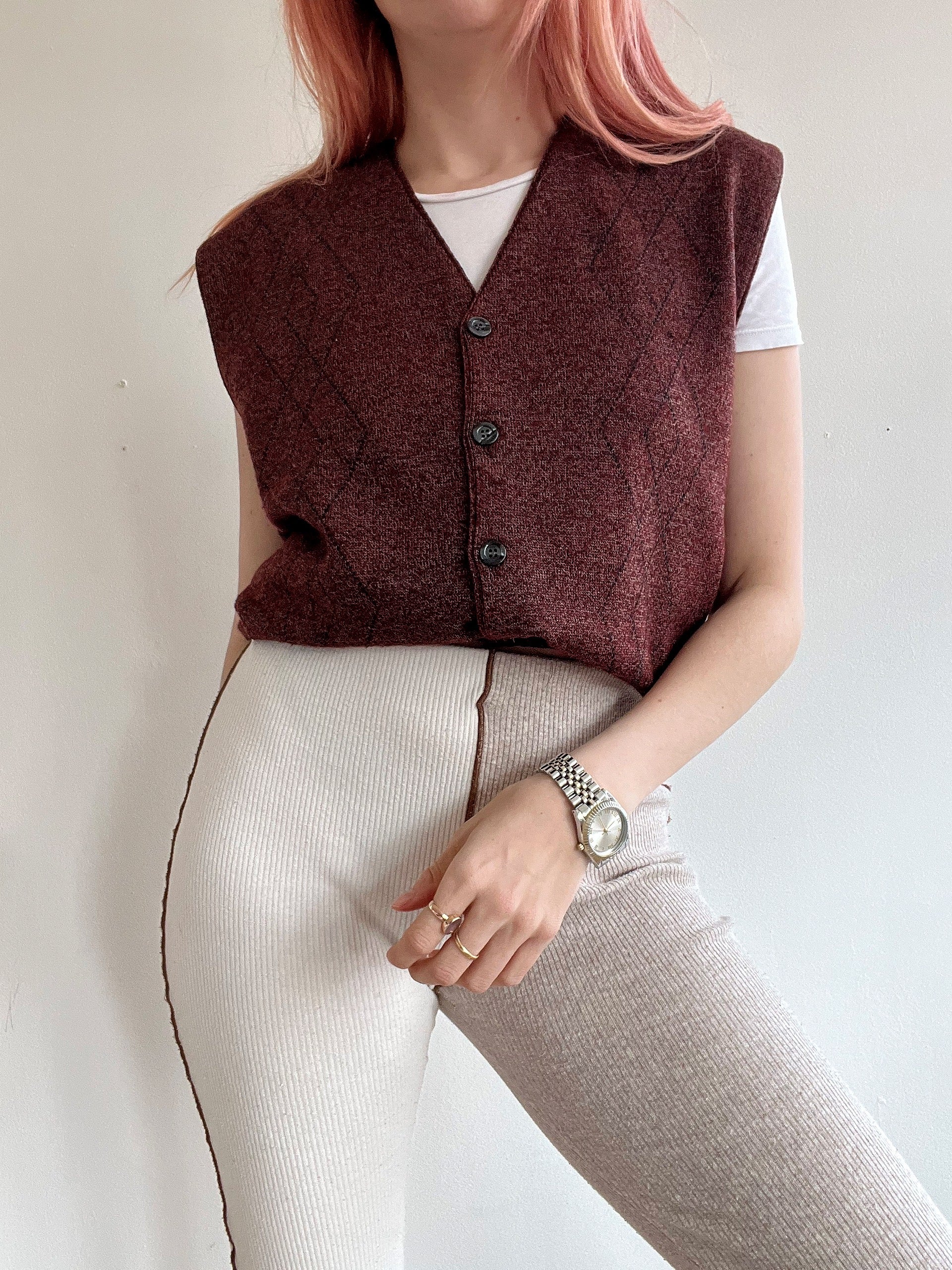 Gilet vintage sans manche en maille bordeaux M