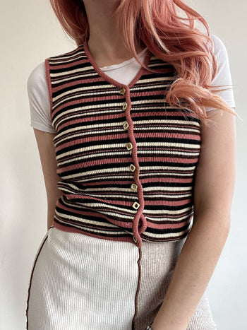 Gilet vintage sans manche en maille brun/rose XS