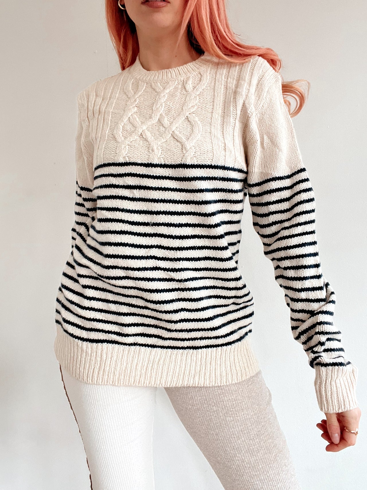 Pull vintage en laine blanc cassé/bleu Tommy Hilfiger