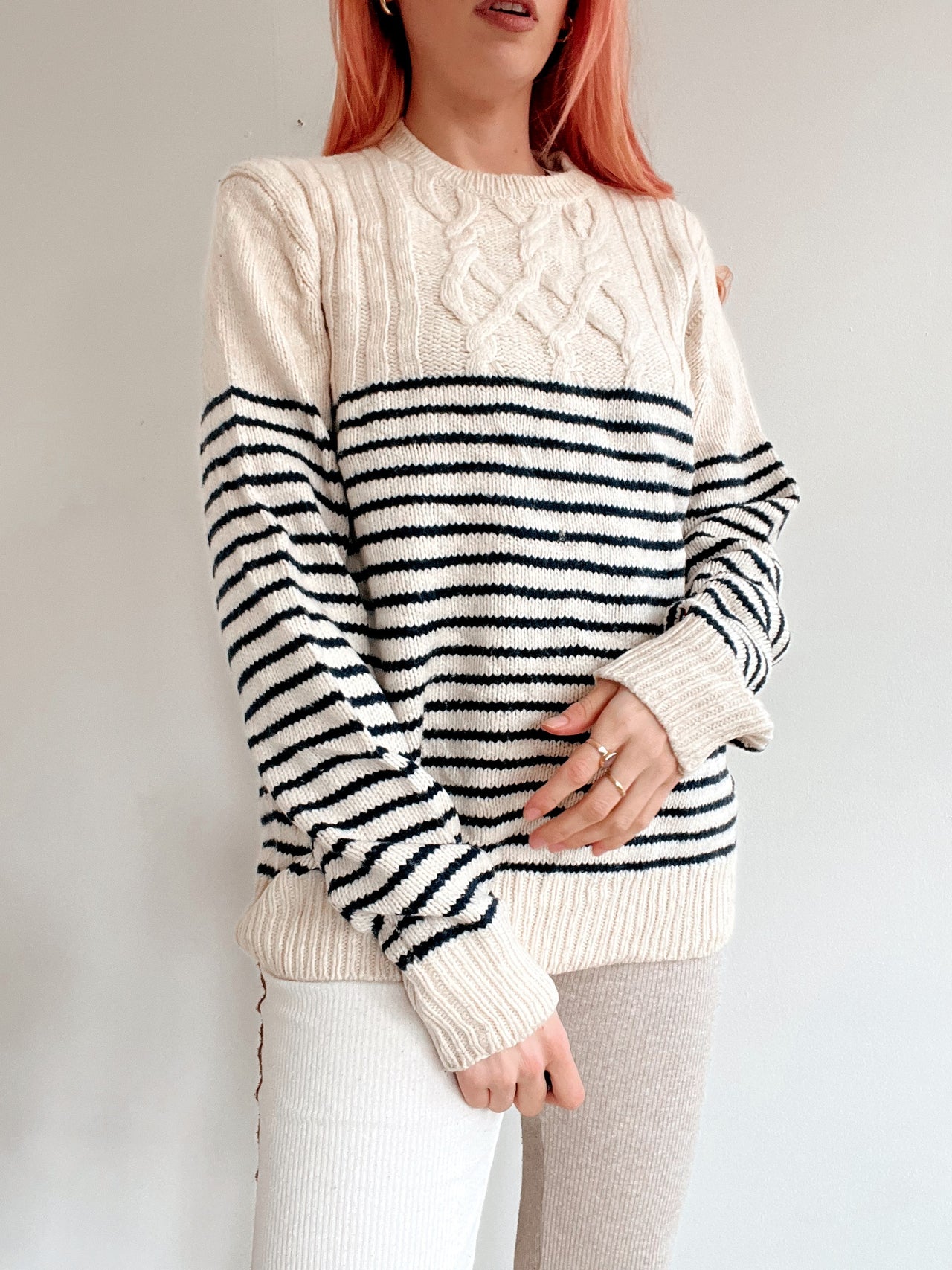 Pull vintage en laine blanc cassé/bleu Tommy Hilfiger