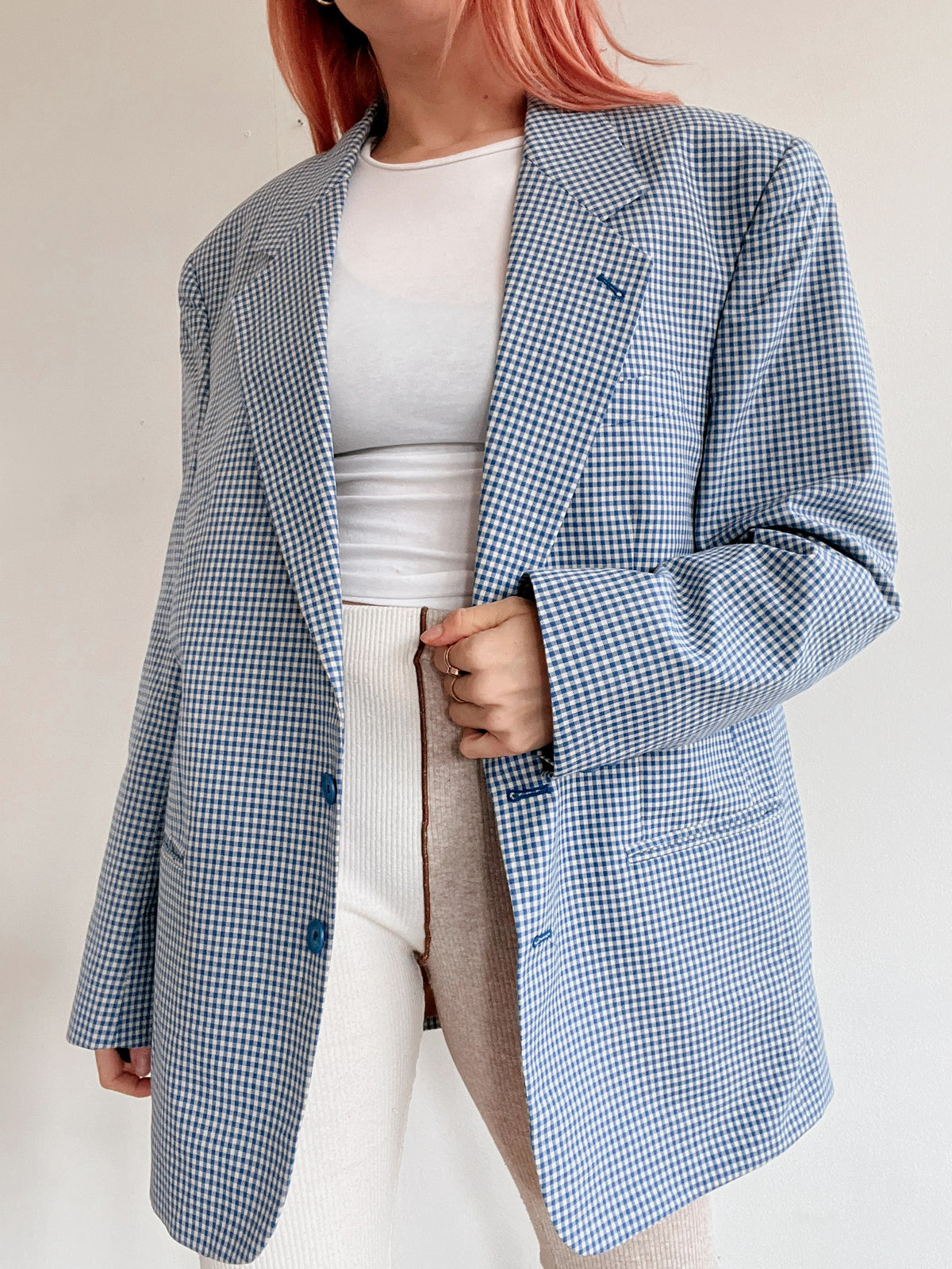 Veste blazer vintage bleu et beige à carreaux M/L