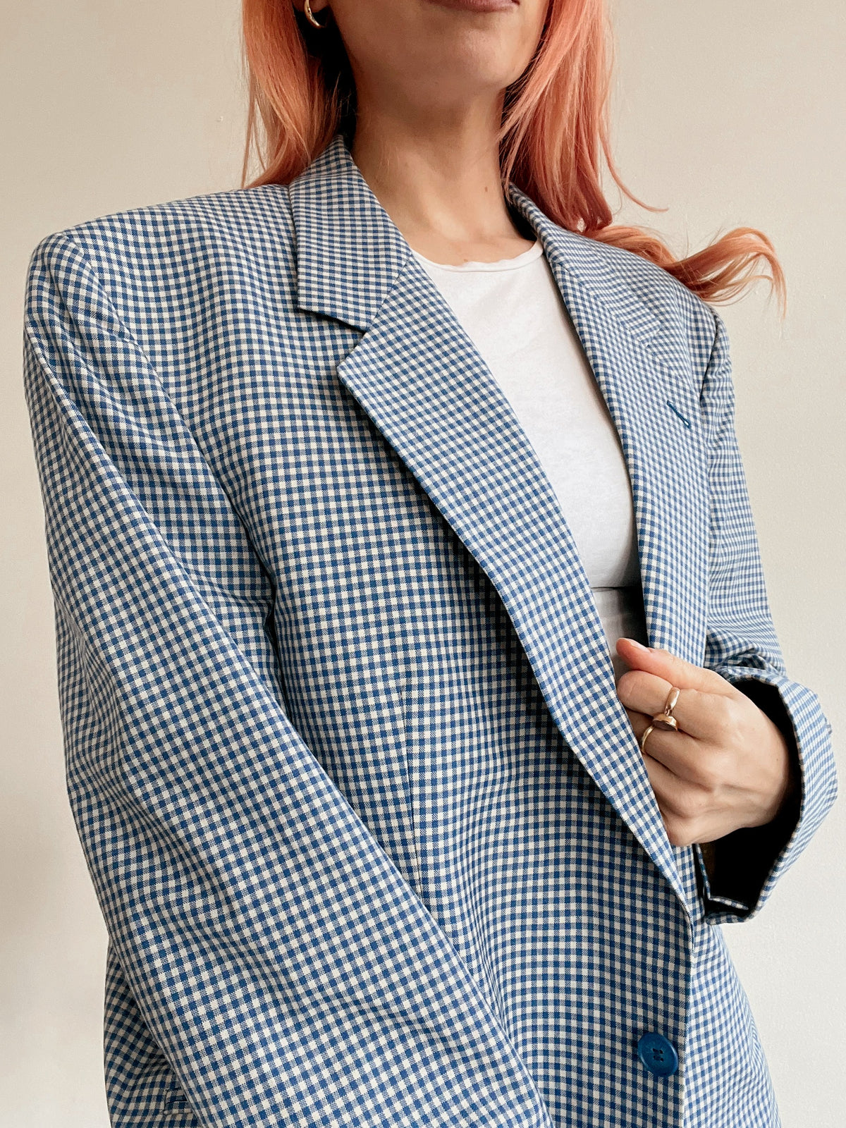 Veste blazer vintage bleu et beige à carreaux M/L