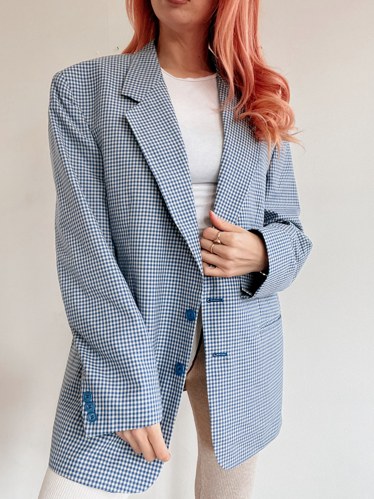Veste blazer vintage bleu et beige à carreaux M/L