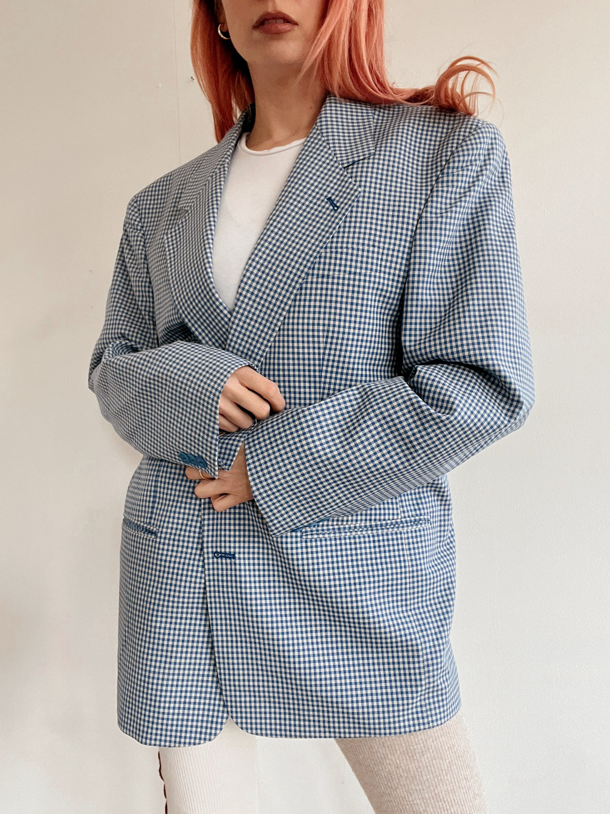 Veste blazer vintage bleu et beige à carreaux M/L