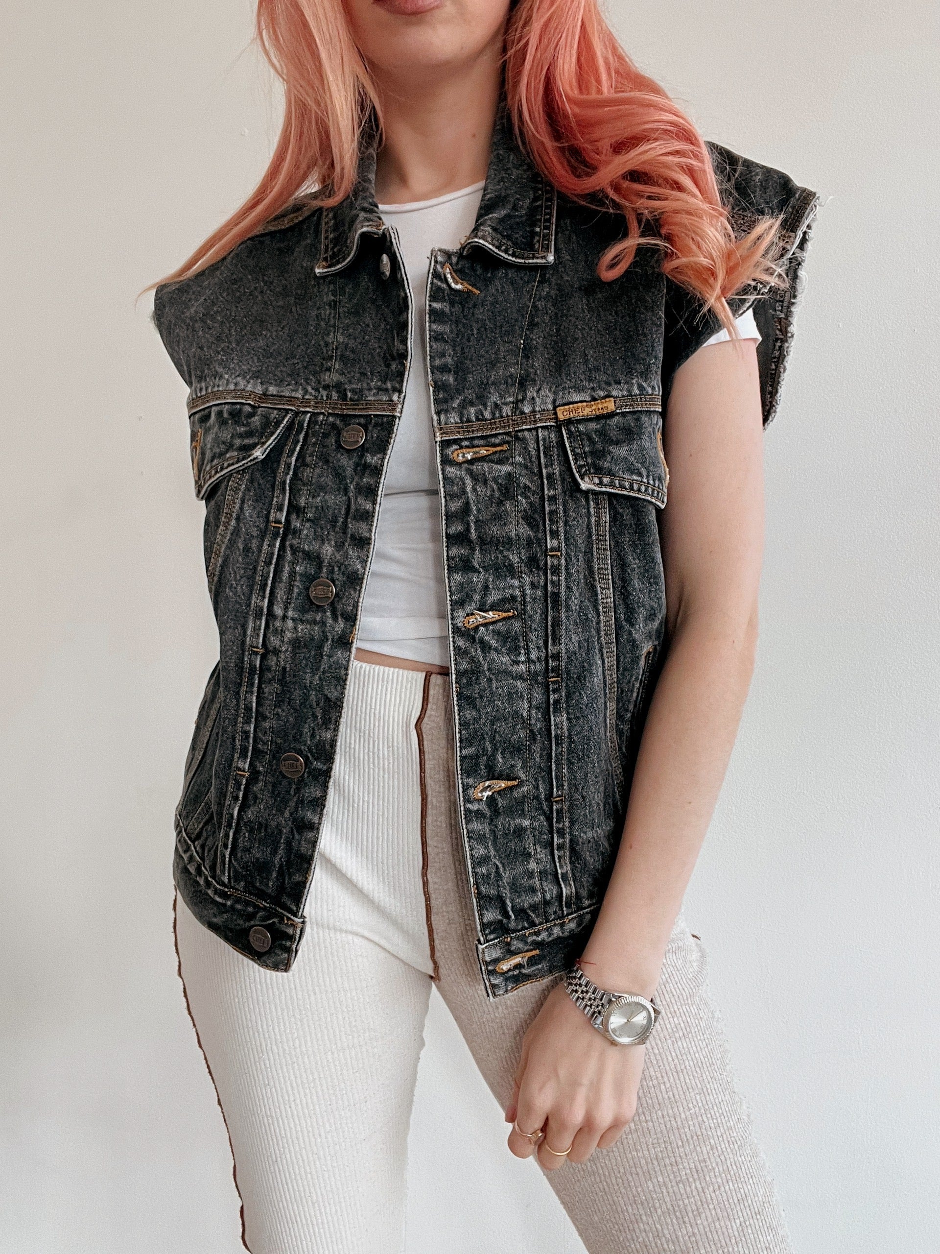 Gilet en jeans vintage sans manches gris foncé M