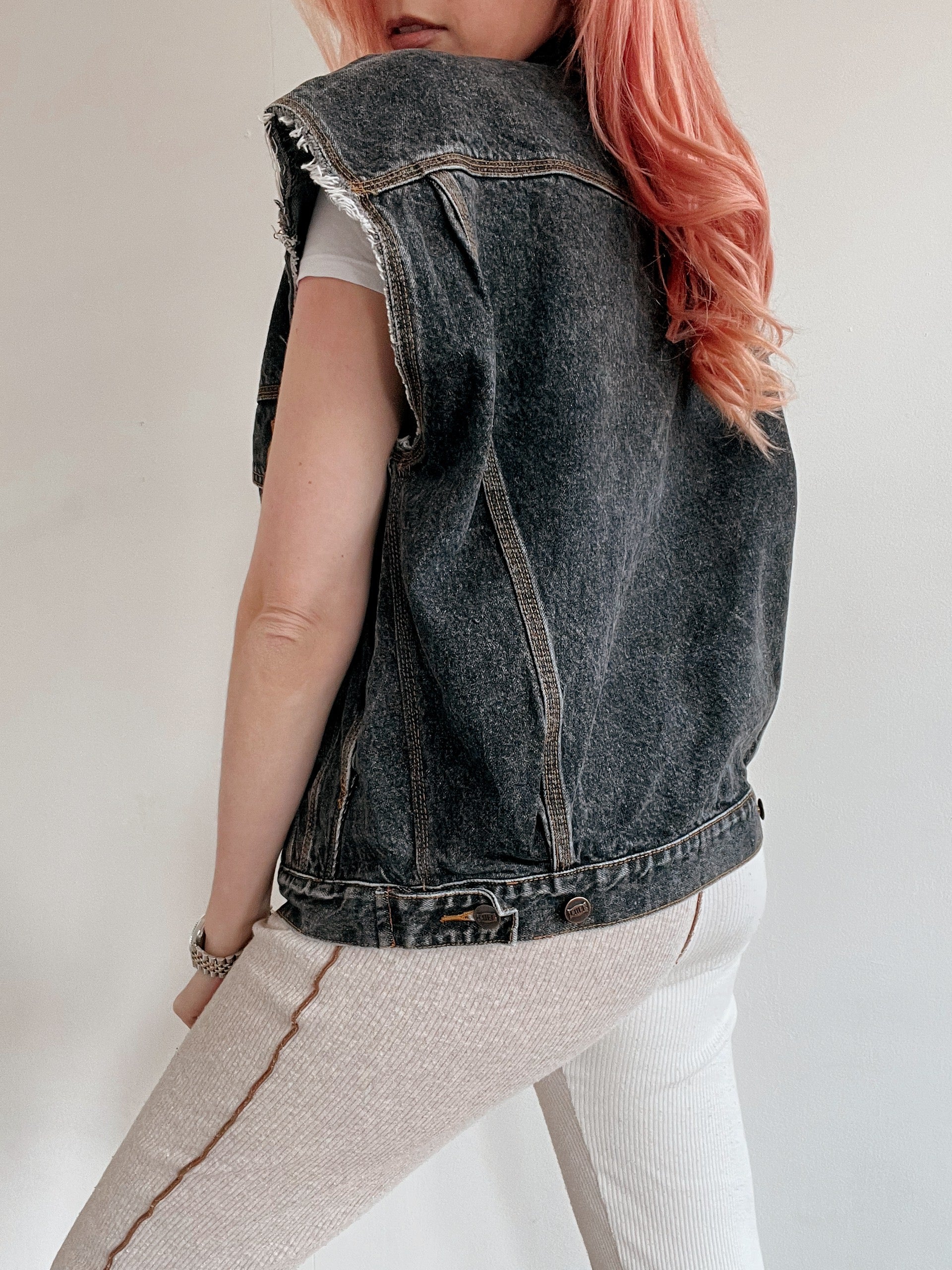 Gilet en jeans vintage sans manches gris foncé M