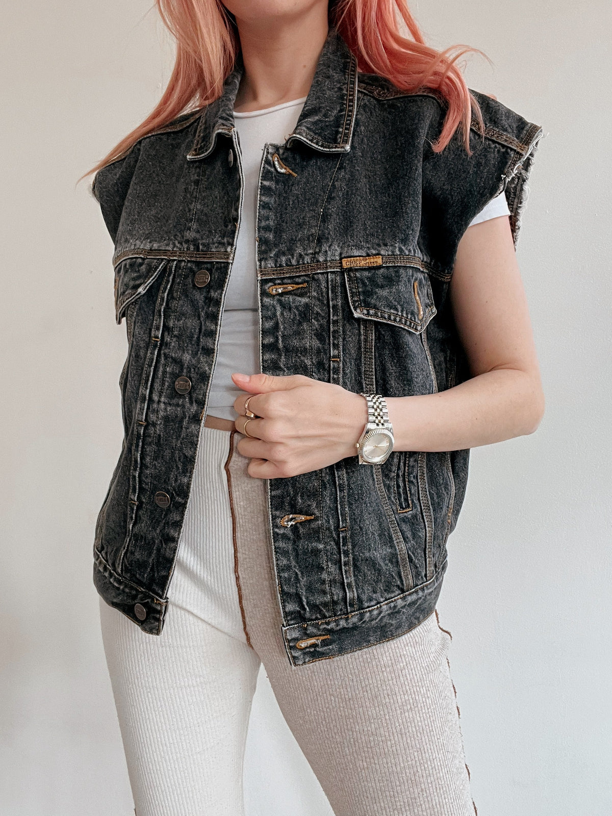 Gilet en jeans vintage sans manches gris foncé M