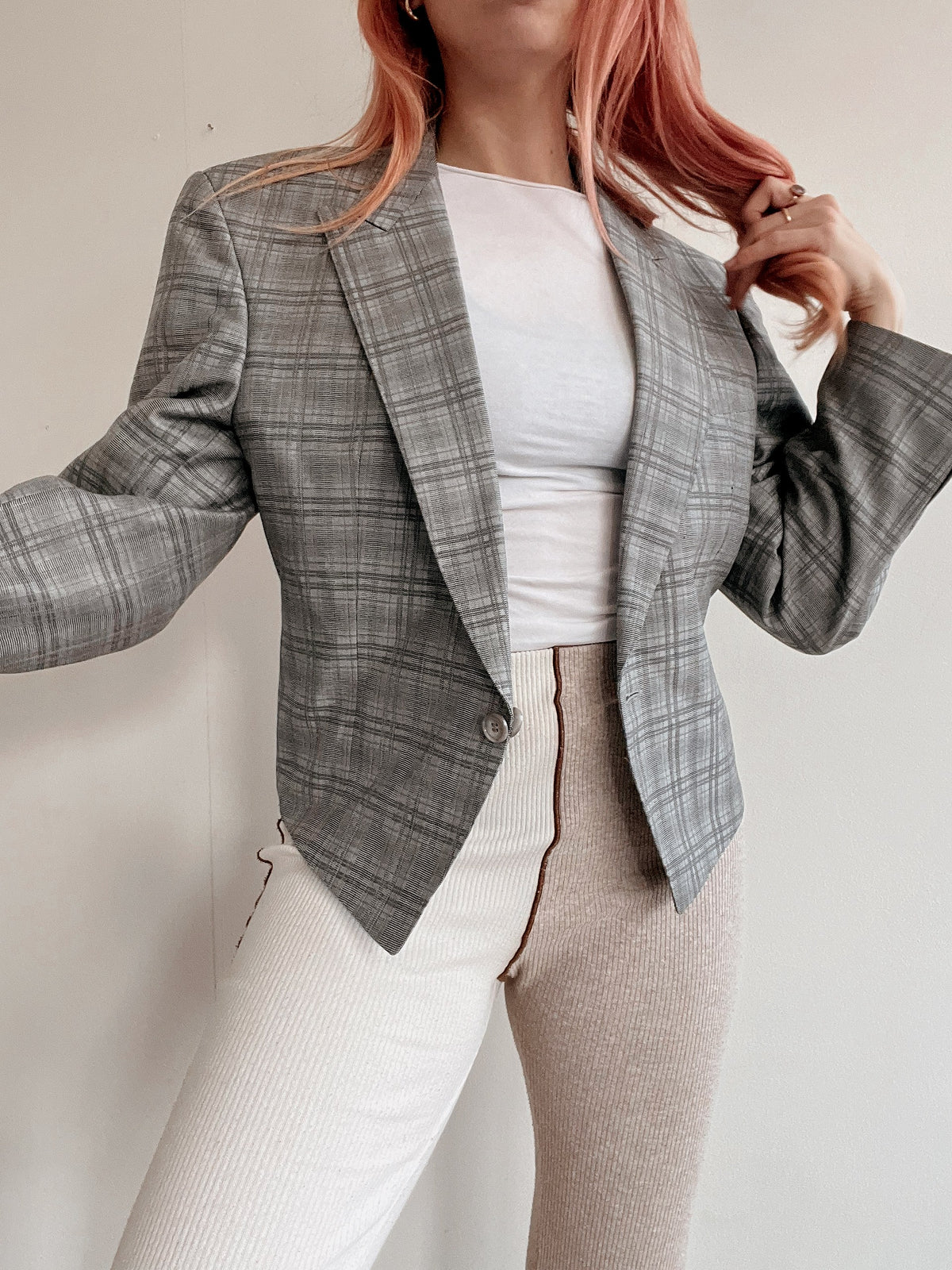 Veste blazer vintage fine grise à carreaux coupe courte S/M