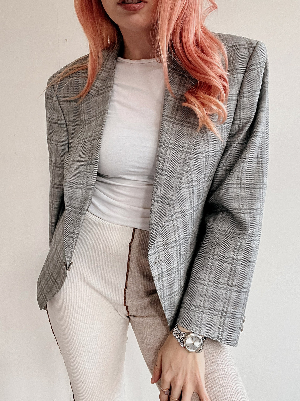 Veste blazer vintage fine grise à carreaux coupe courte S/M