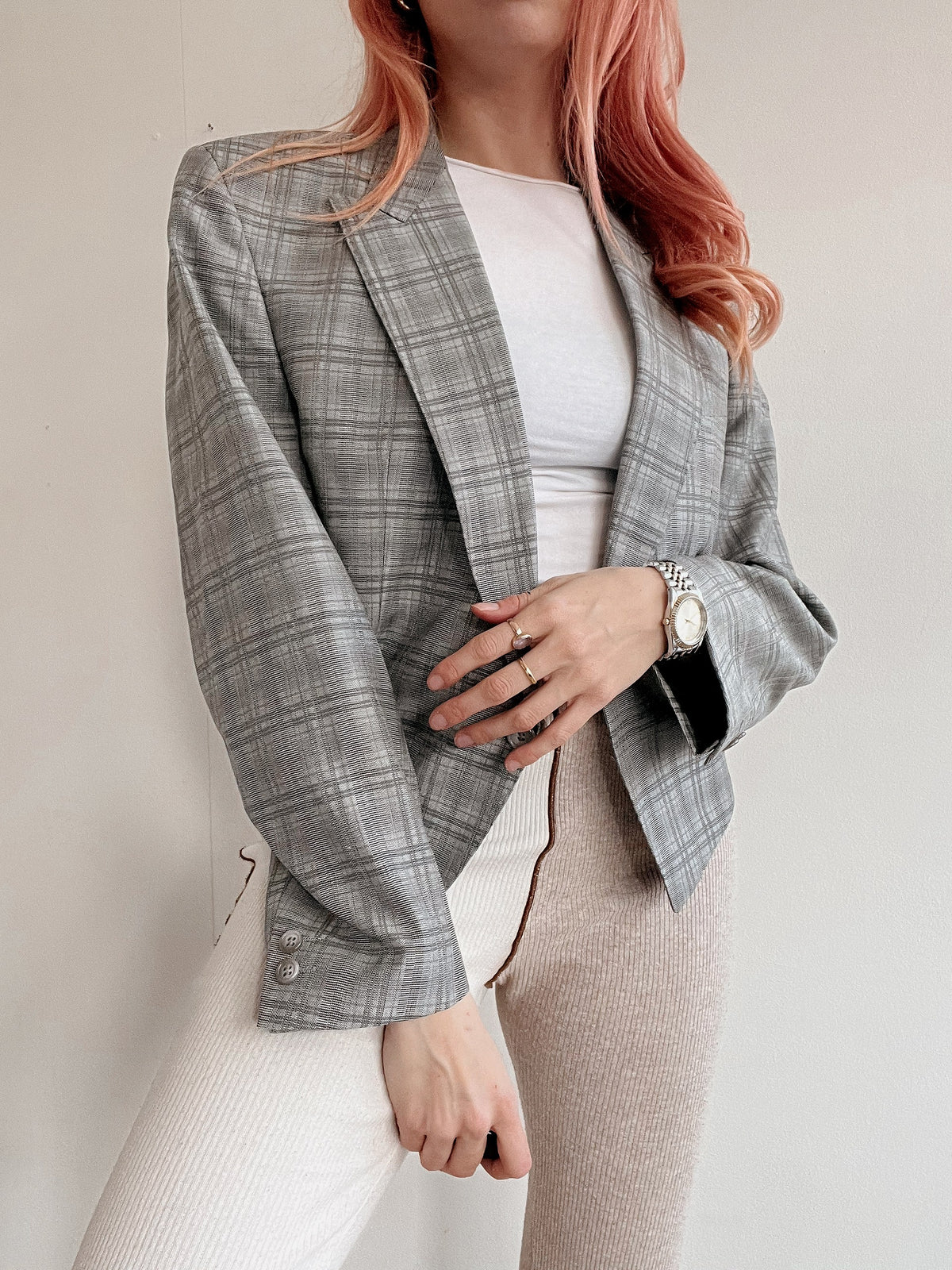 Veste blazer vintage fine grise à carreaux coupe courte S/M