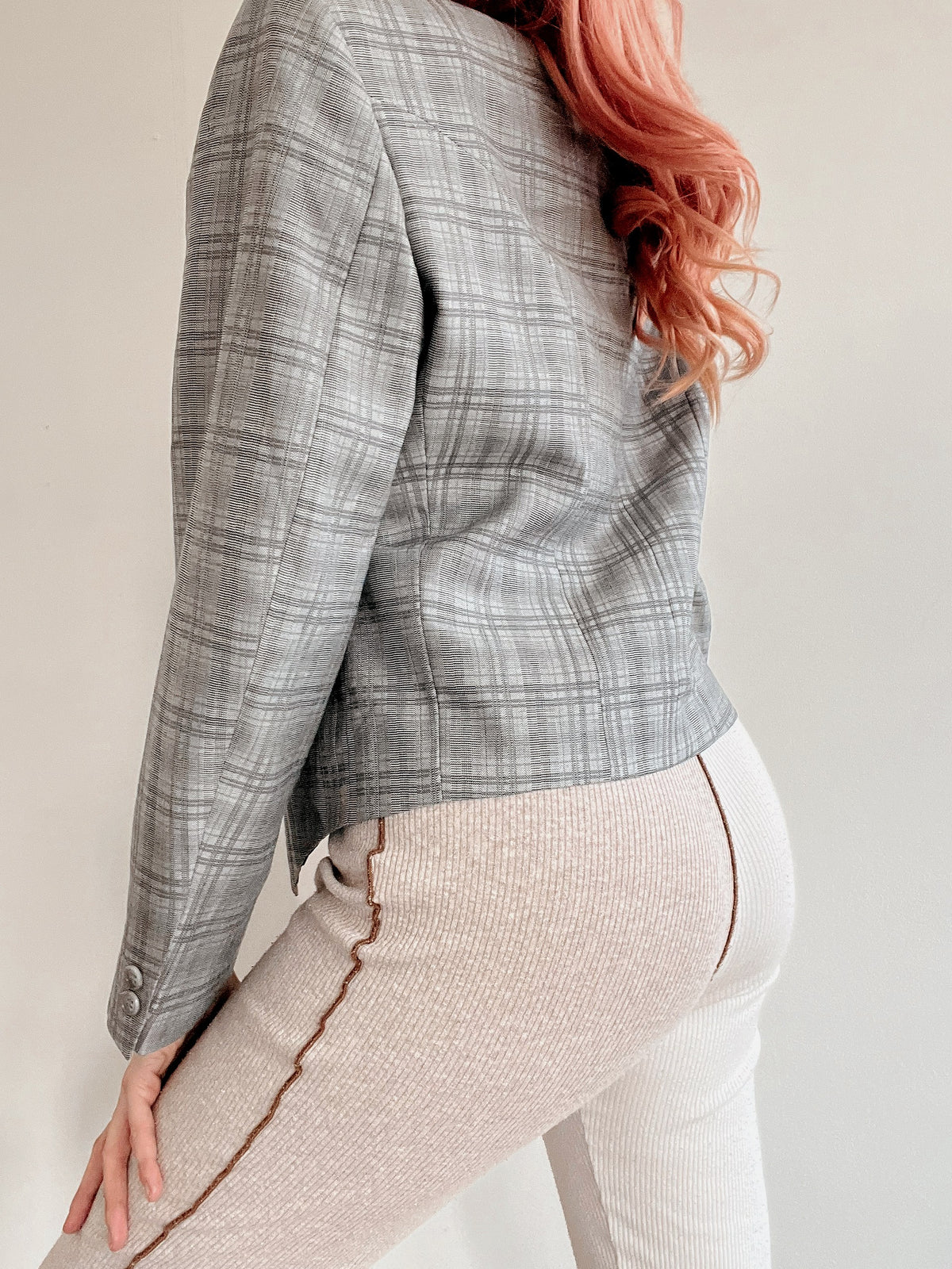Veste blazer vintage fine grise à carreaux coupe courte S/M