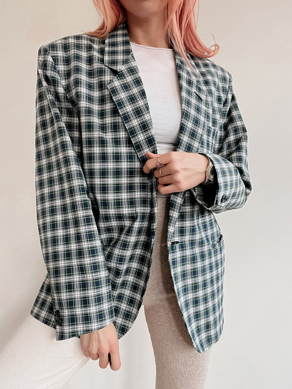 Veste blazer vintage grise et verte à carreaux M