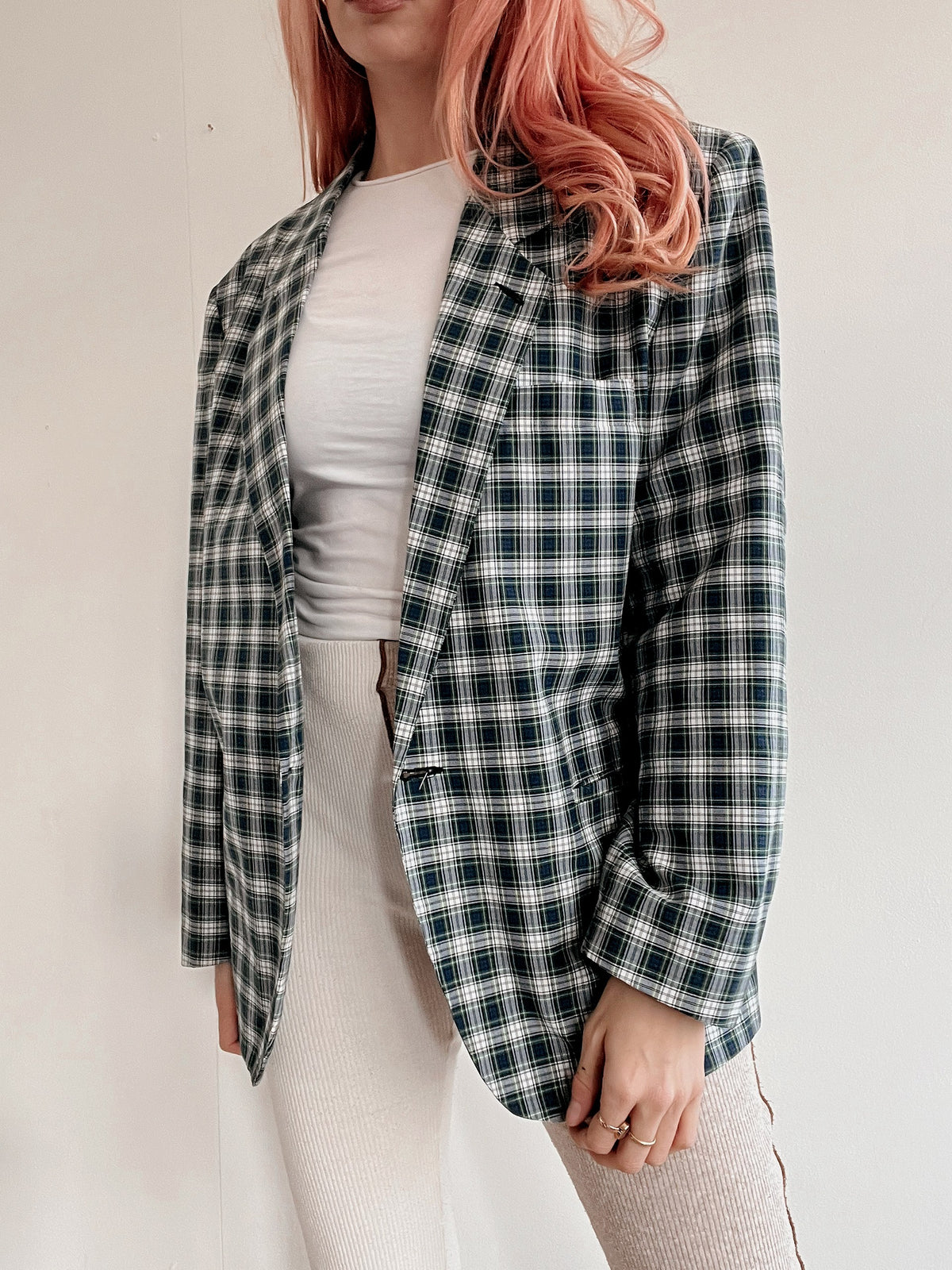 Veste blazer vintage grise et verte à carreaux M