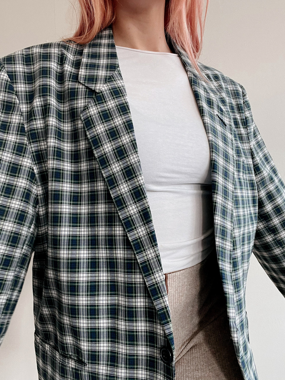 Veste blazer vintage grise et verte à carreaux M